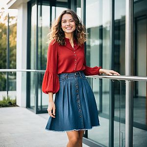 Confident young woman in red blouse near modern glass building
