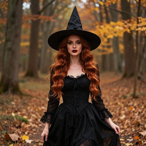 Woman in Black Witch Costume with Red Hair in Autumn Forest
