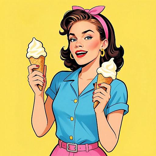 Retro Pop Art Woman Holding Ice Cream Cones Illustration