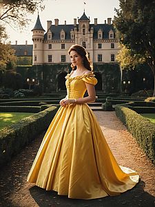 Photorealistic Outdoor Portrait of Woman in Yellow Belle-Style Dress in Castle Garden