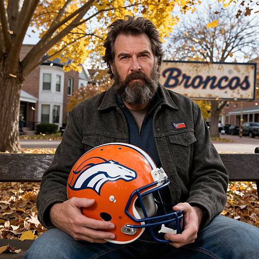 Man Holding Denver Broncos Helmet on Autumn Bench with Broncos Sign