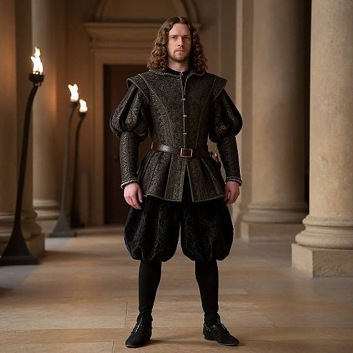 Man in Renaissance Style Black Doublet and Puff Sleeve Costume