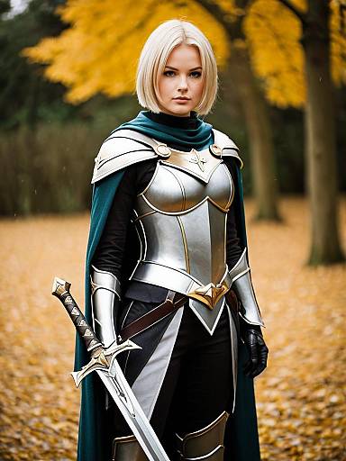 Fantasy Warrior Woman in Silver Armor Holding Sword in Autumn Forest