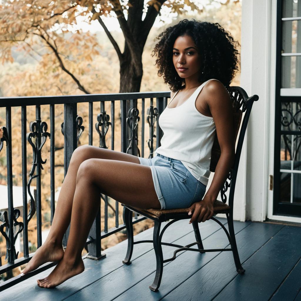 Relaxed Woman Sitting on Balcony in White Tank Top and Denim Shorts