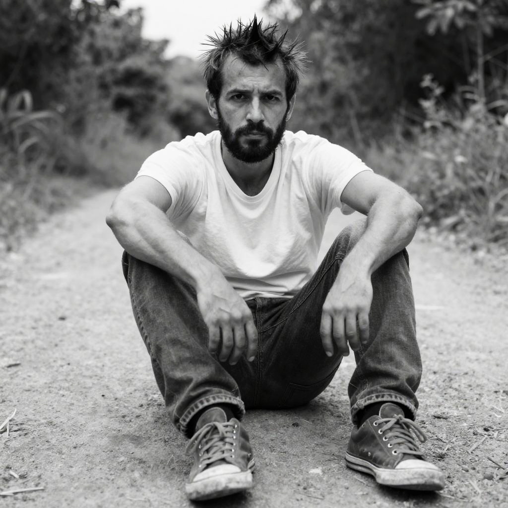 Young Man Sitting on Dirt Path Casual Black and White Portrait