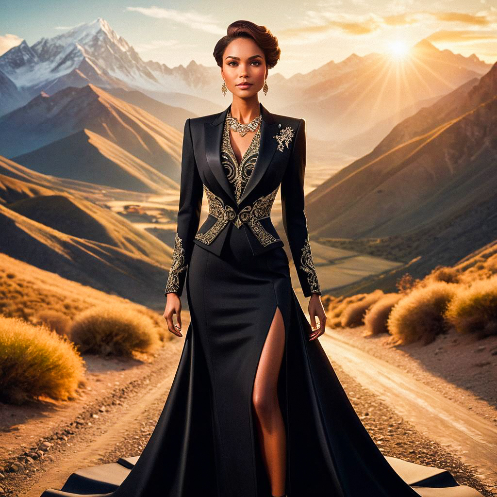 Confident Woman in Black Gown on Mountain Path at Sunset Confident Woman in Black Gown on Mountain Path at Sunset