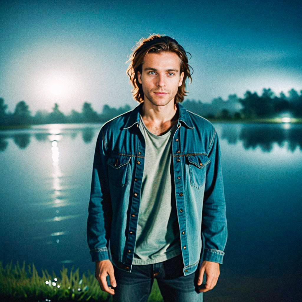 Confident Young Man by Serene Lake at Dusk