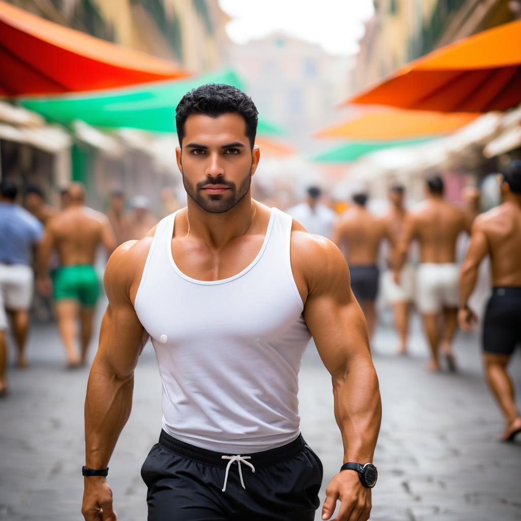 Muscular Man in Stylish Tank Top at Vibrant Market