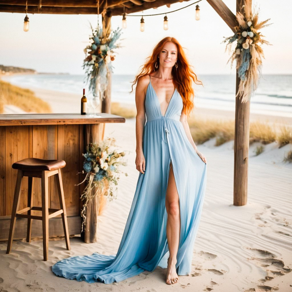 Elegant Woman in Blue Gown on Beach Elegant Woman in Blue Gown on Beach