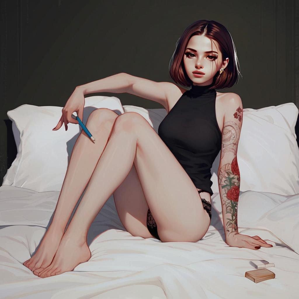 Young Woman on Bed with Tattoo and Blue Pencil Young Woman on Bed with Tattoo and Blue Pencil