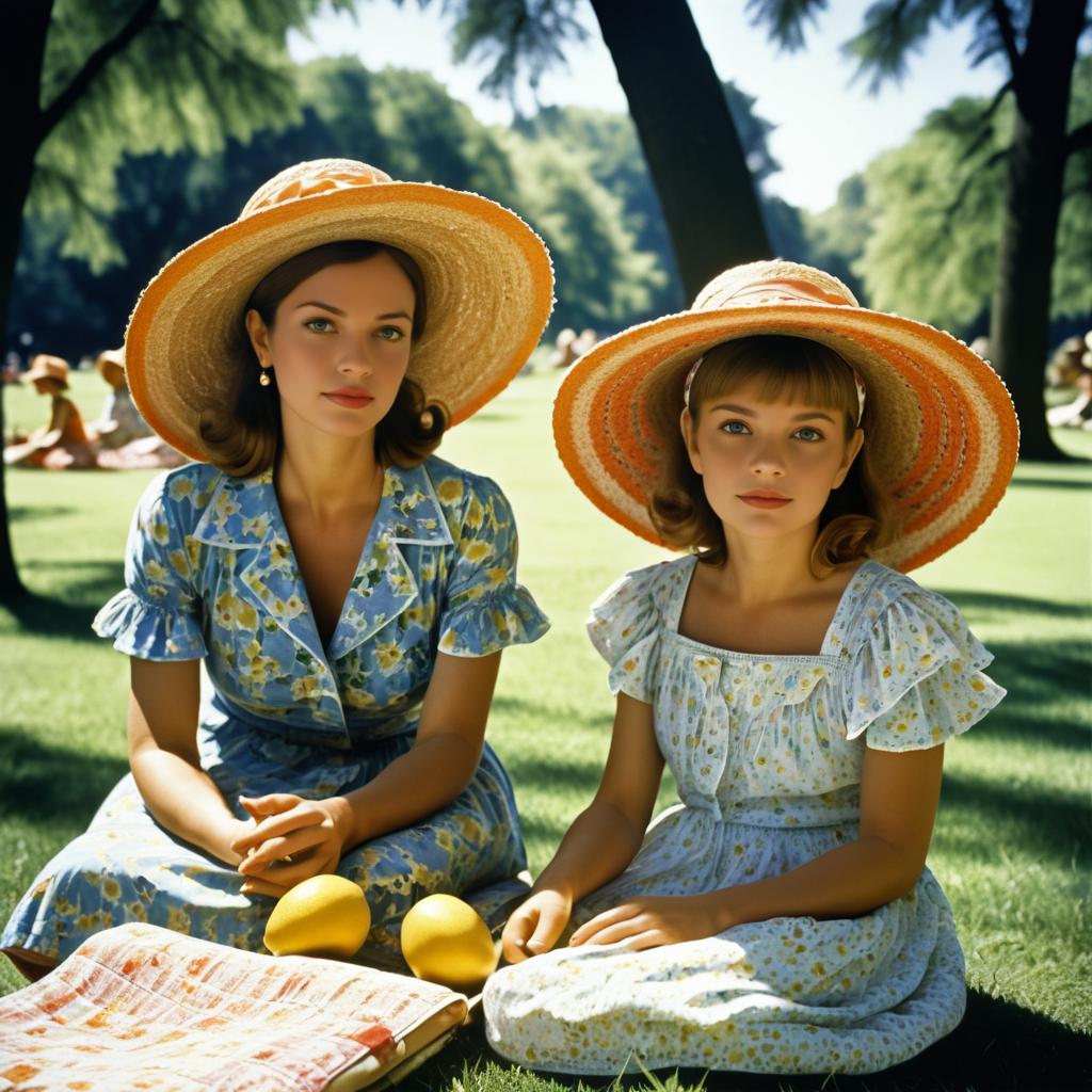 Two Women in Floral Dresses on a Sunny Lawn