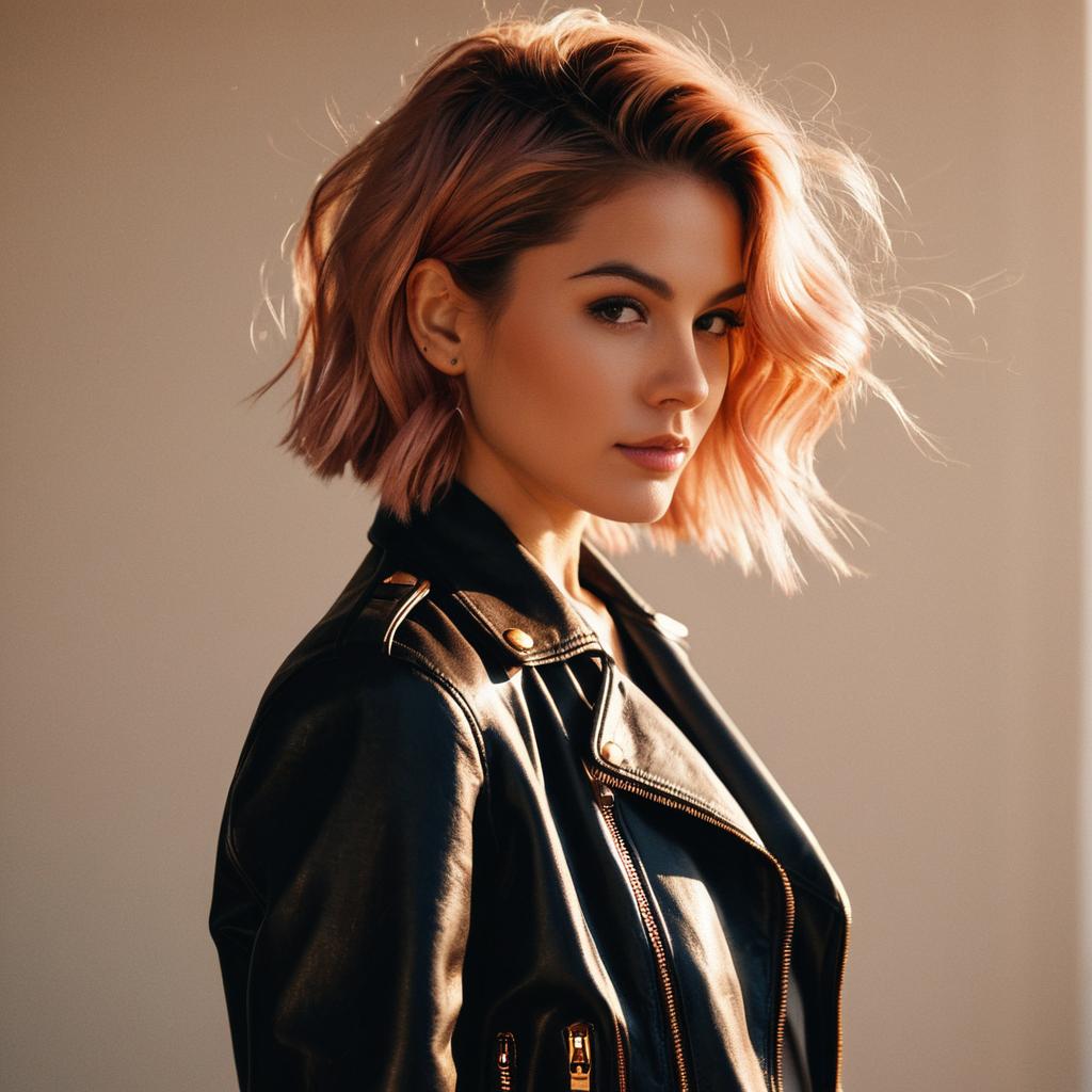 Confident Woman with Pink Hair in Black Leather Jacket