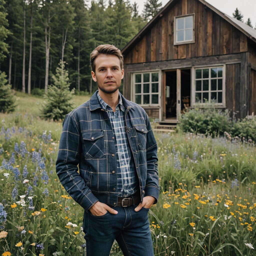 Confident Man by Rustic Cabin with Wildflowers