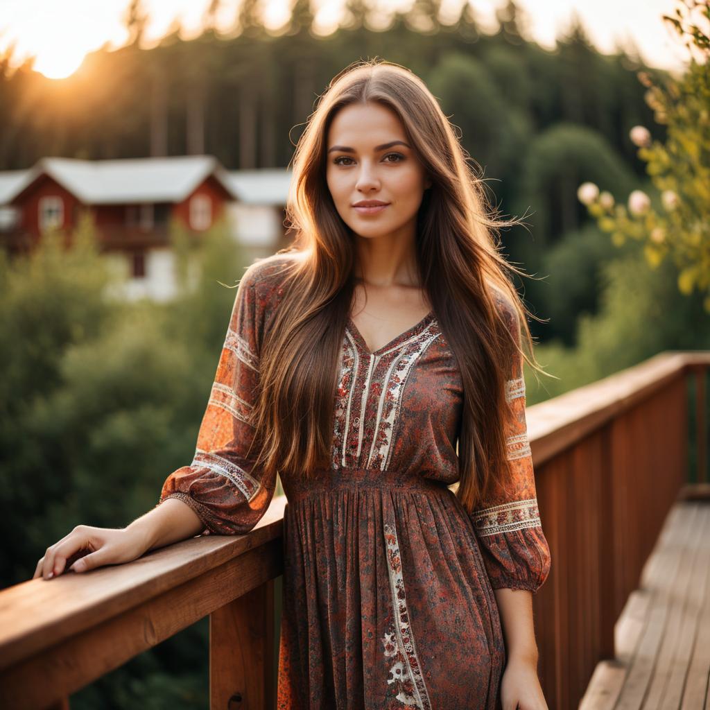 Woman in Bohemian Dress on Wooden Balcony at Golden Hour in Countryside