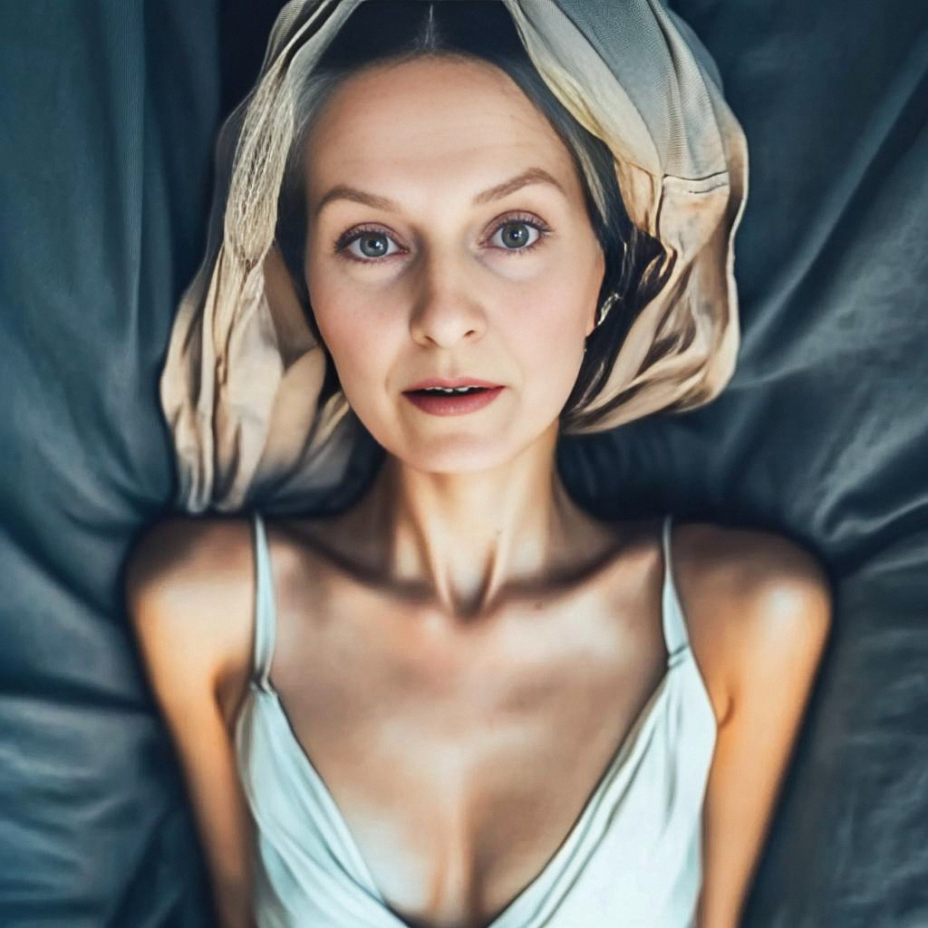 Serene portrait of a woman on a dark bed Serene portrait of a woman on a dark bed