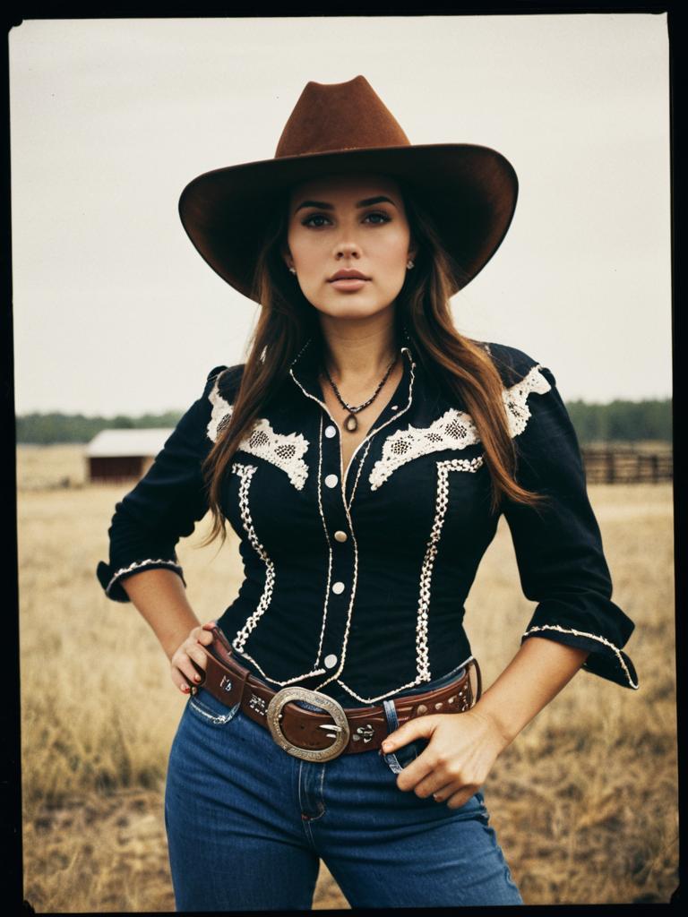 Woman in Cowgirl Costume Waist Up Editorial Portrait Photorealistic Woman in Cowgirl Costume Waist Up Editorial Portrait Photorealistic