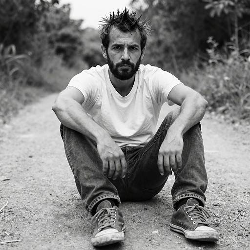 Young Man Sitting on Dirt Path Casual Black and White Portrait