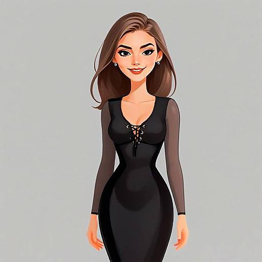 Stylish Woman in Chic Black Bodycon Dress Illustration with Pretty Face and Hair