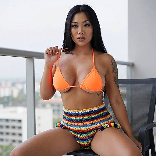 Confident Woman in Bright Orange Bikini and Rainbow Crochet Swimwear on Balcony