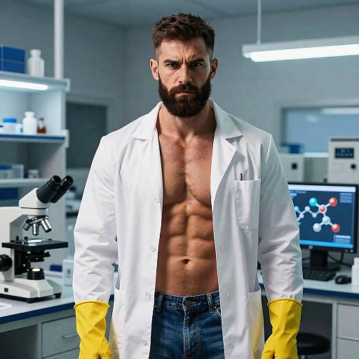Muscular Man in Lab Coat and Yellow Gloves in Modern Science Laboratory