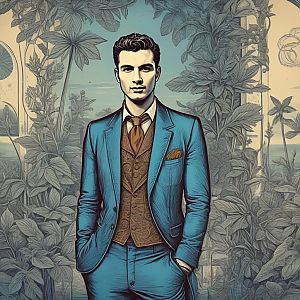 Stylish Man in Blue Suit with Botanical Background