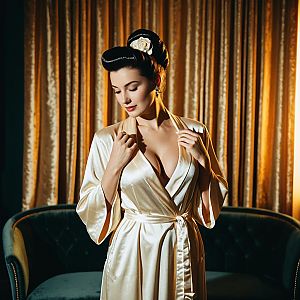 Elegant Woman in Satin Robe with Vintage Pin-Up Hairstyle in Luxurious Setting