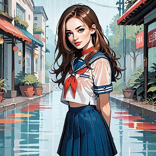Anime Style Young Woman in Sailor School Uniform on Rainy Street