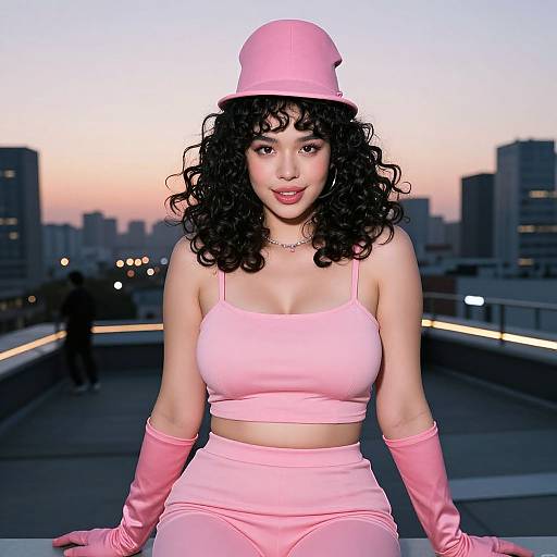 Fashionable Young Woman in Pink Outfit Posing on Rooftop at Dusk