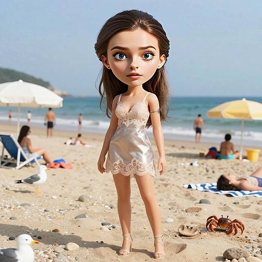 Stylized Woman in Satin Dress on Beach with Seagulls and Crabs
