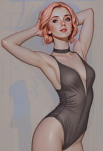 Digital Illustration of Woman in Black Bodysuit with Pink Hair