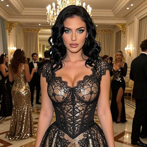 Elegant Woman in Black Lace Corset Gown at Luxury Formal Event