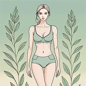 Confident Woman in Soft Green Outfit with Botanical Elements