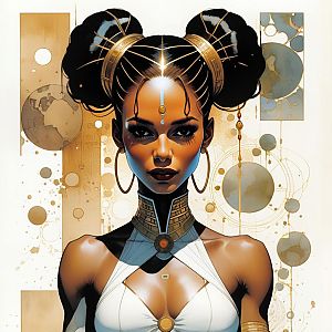 Futuristic Woman with Gold-Accented Hair Buns