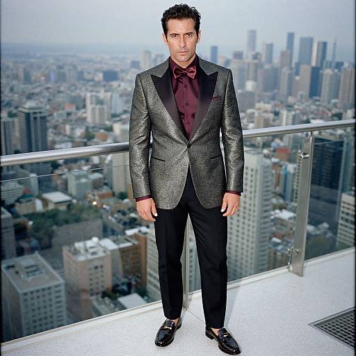 Man in Metallic Tuxedo Jacket with Burgundy Shirt on Urban Rooftop