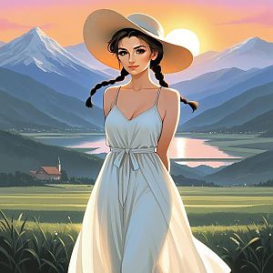 Young Woman in White Dress at Sunset Landscape
