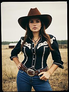 Woman in Cowgirl Costume Waist Up Editorial Portrait Photorealistic