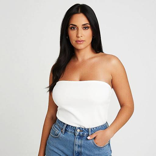 Woman in White Strapless Top and Blue Denim Jeans Casual Fashion