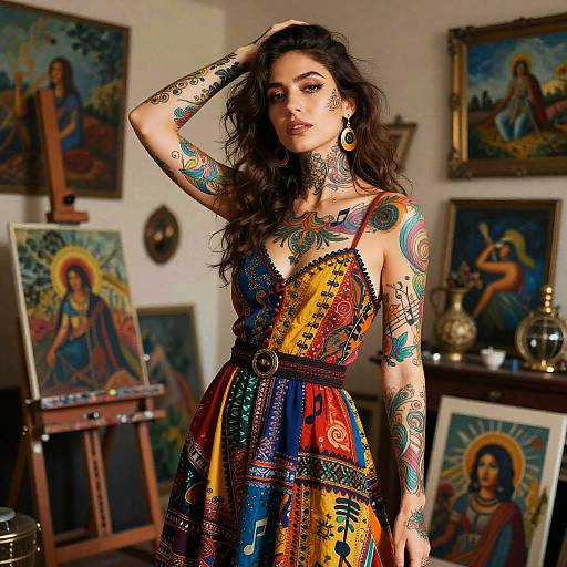 Tattooed Woman in Colorful Bohemian Dress in Artistic Studio