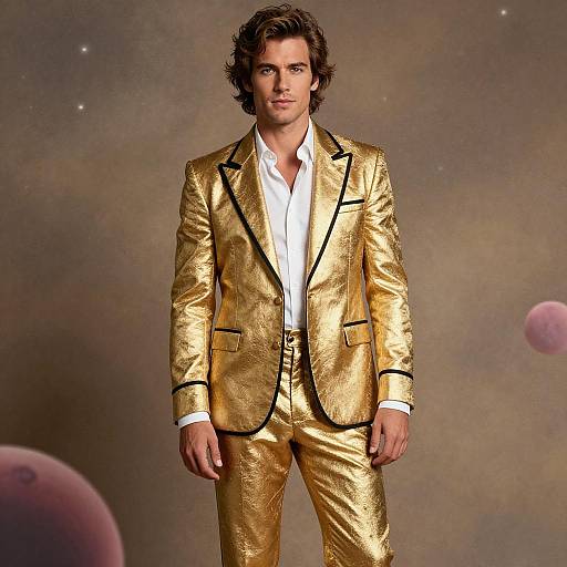 Man Wearing Luxurious Gold Suit with Black Trim and White Shirt