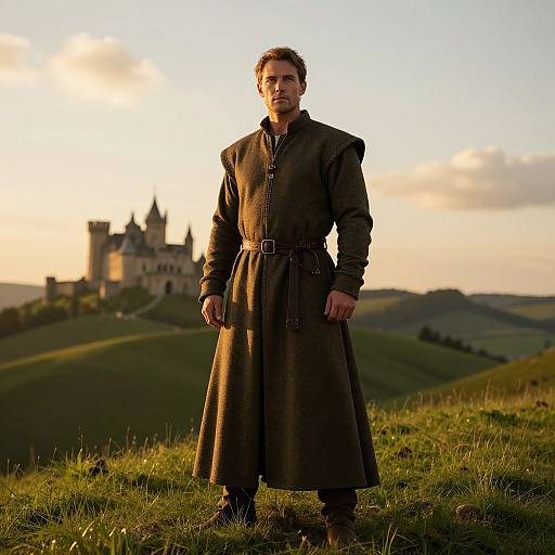 Medieval Man in Historic Garb Standing Near Castle on Hill at Sunset