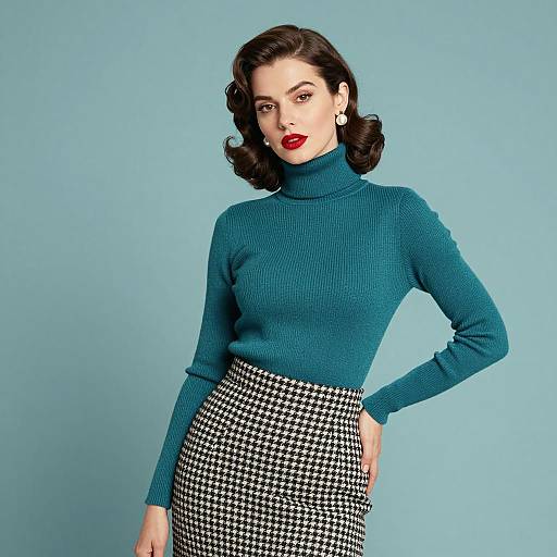 Vintage Style Woman in Teal Turtleneck and Houndstooth Skirt