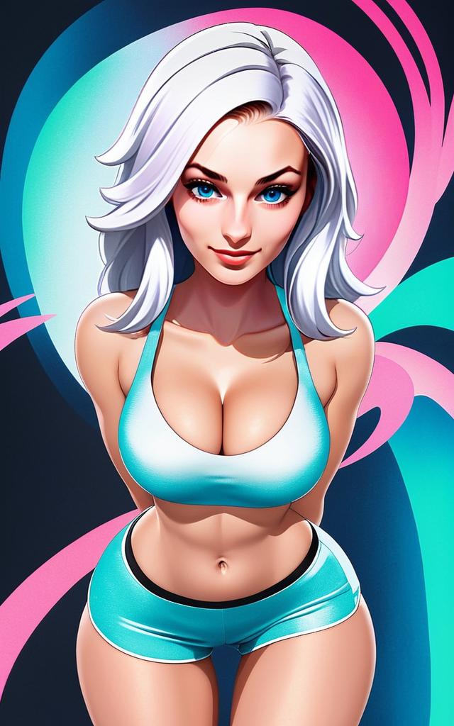 Stylized Digital Artwork of Woman in Sporty Outfit with White Hair