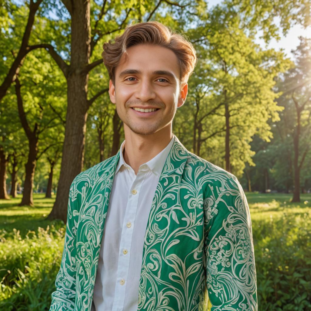 Optimistic man in Art Nouveau green jacket, smiling in sunny park