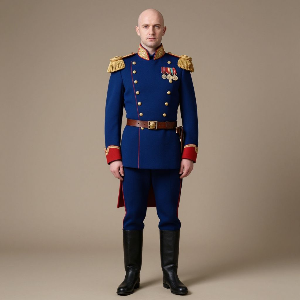 Man in Formal Military Uniform with Medals and Epaulettes