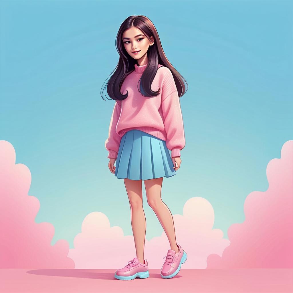 Cute Young Woman in Pastel Outfit Against Soft Cloud Background Digital Illustration