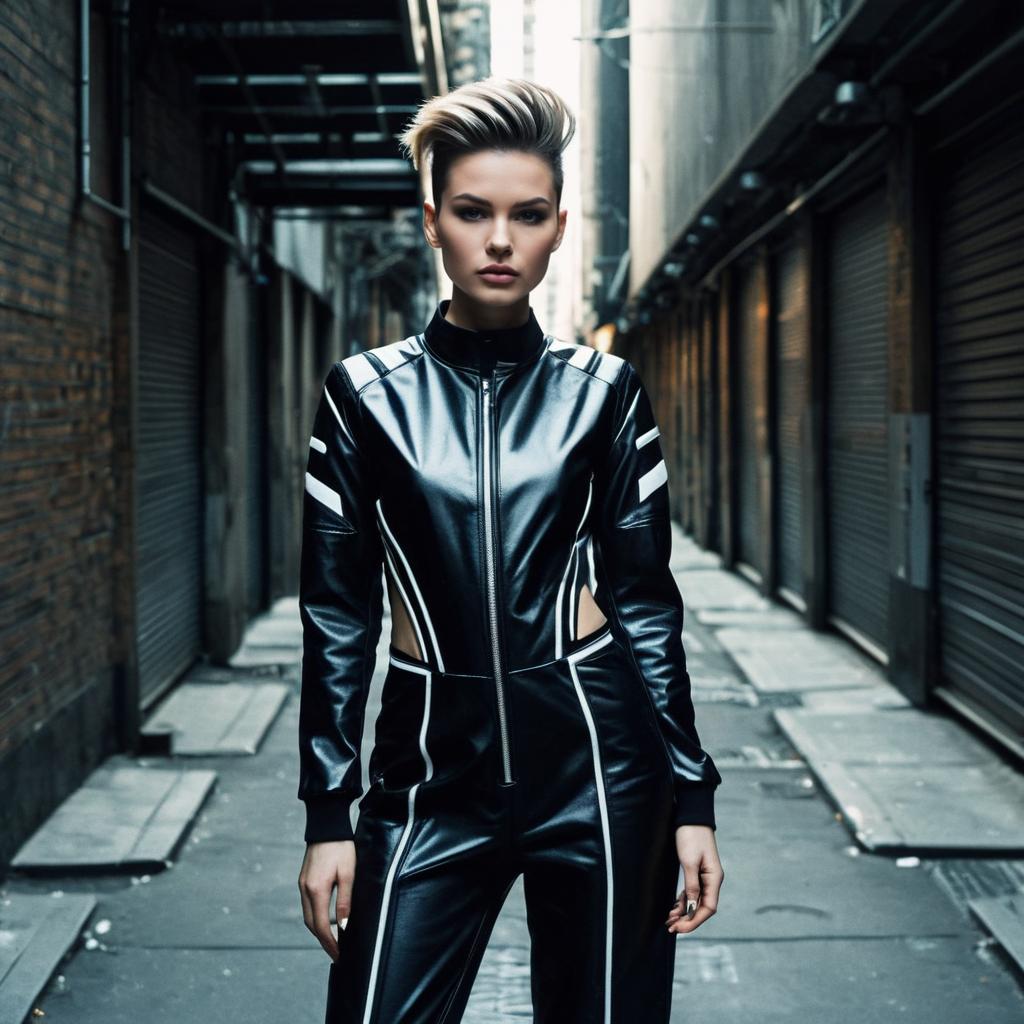 Woman in Futuristic Black Leather Jumpsuit in Urban Alleyway