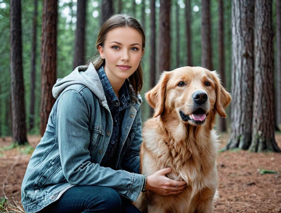 Woman with Golden Retriever in Forest