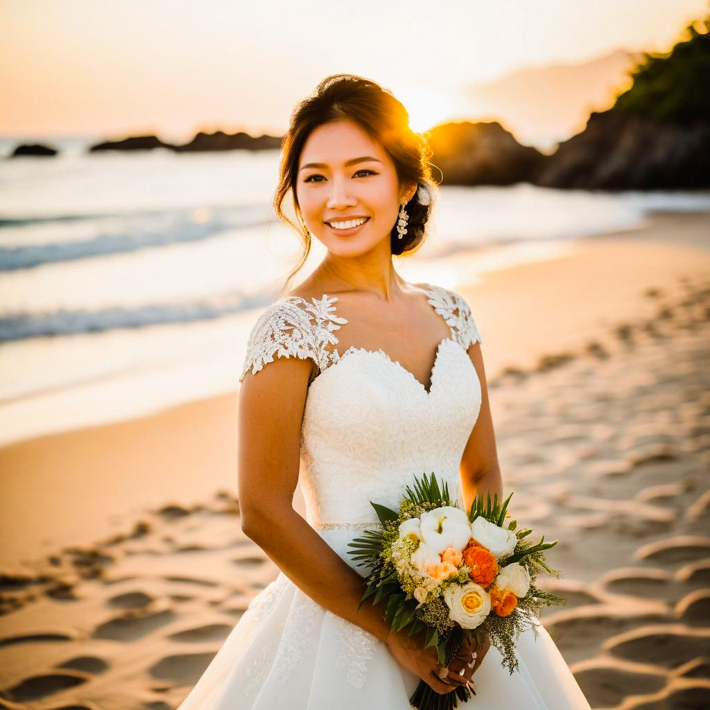 Joyful bride on beach at sunset