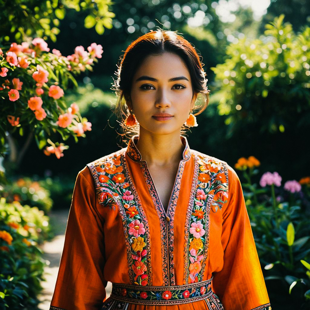 Woman in Orange Garment in Lush Garden