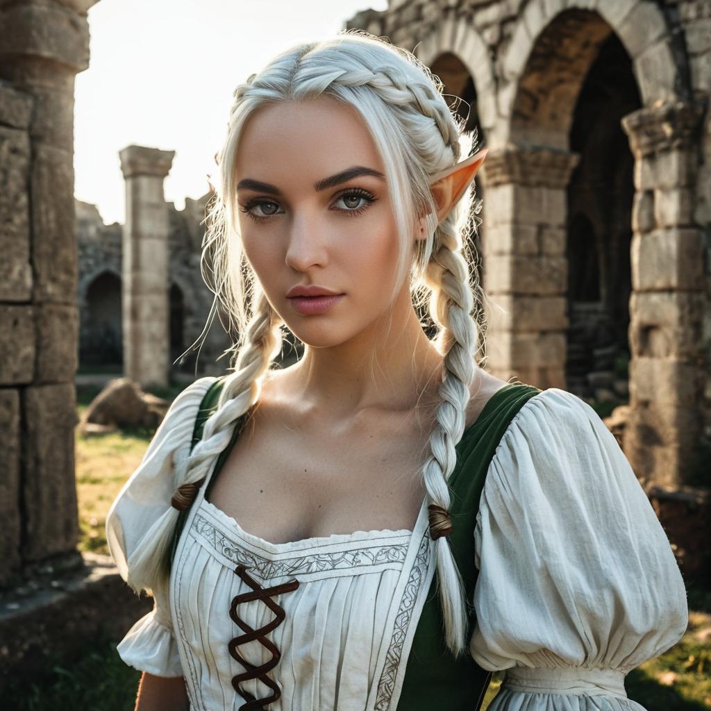 Fantasy Elf Woman in Medieval Dress Standing in Ancient Stone Ruins